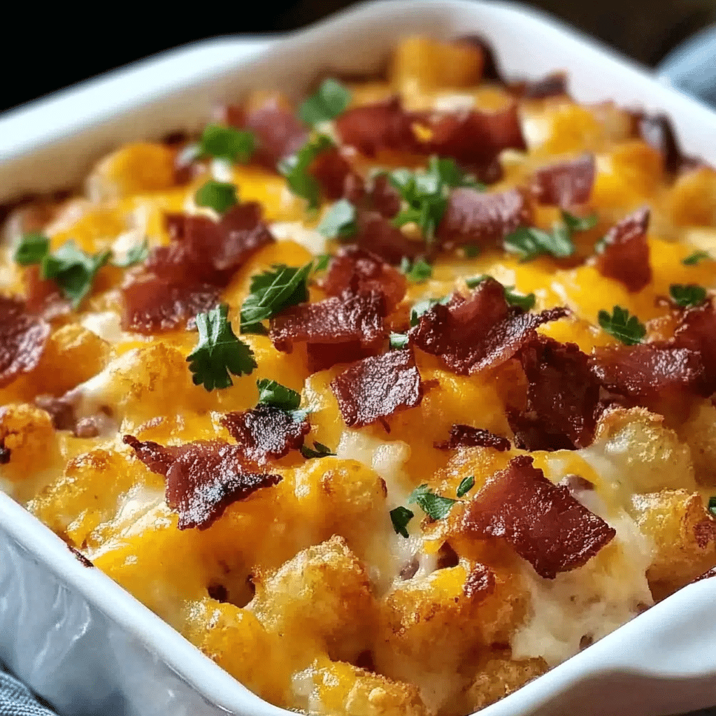 Loaded Tater Tot Breakfast Casserole for a Hearty Family Feast 3 Loaded Tater Tot Breakfast Casserole topped with cheese and bacon.