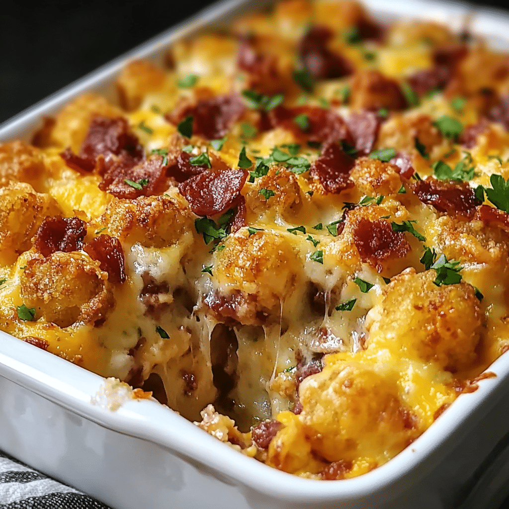 Delicious loaded tater tot breakfast casserole with eggs, cheese, and bacon.