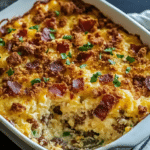 Irresistible crack breakfast casserole served in a cozy kitchen setting.