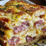 Monte Cristo breakfast casserole with eggs, ham, and cheese baked to perfection