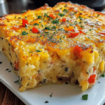 Delicious hashbrown casserole with eggs and cheese, perfect for breakfast.
