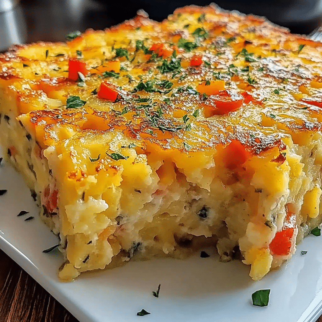 Delicious hashbrown casserole with eggs and cheese, perfect for breakfast.
