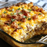 Ultimate overnight breakfast casserole topped with cheese and herbs