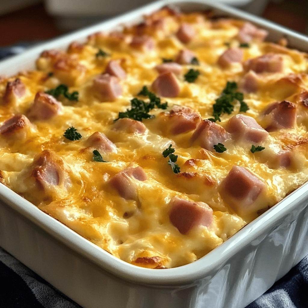 Delicious 6-ingredient ham and egg breakfast casserole ready to serve.