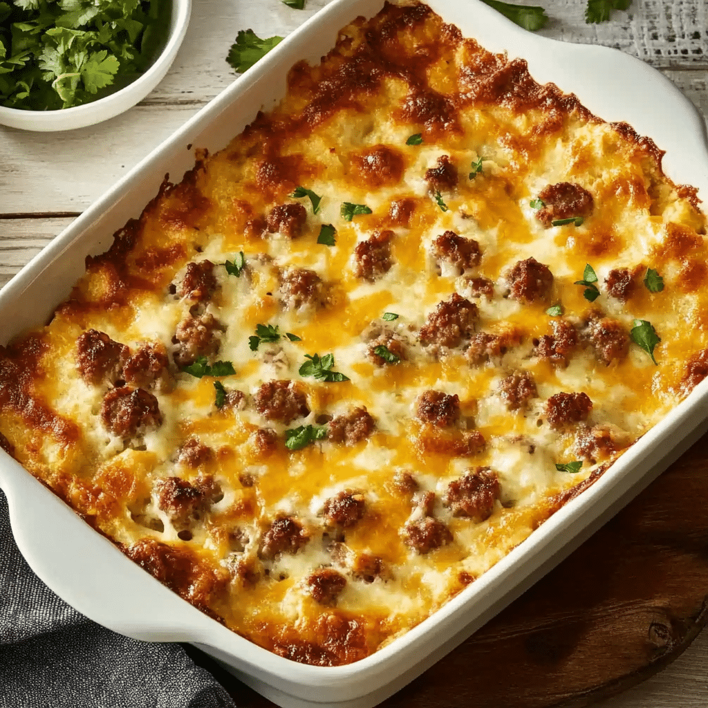 Sausage and cheese breakfast casserole served in a baking dish