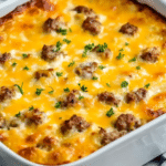 Sausage and cheese breakfast casserole served in a baking dish