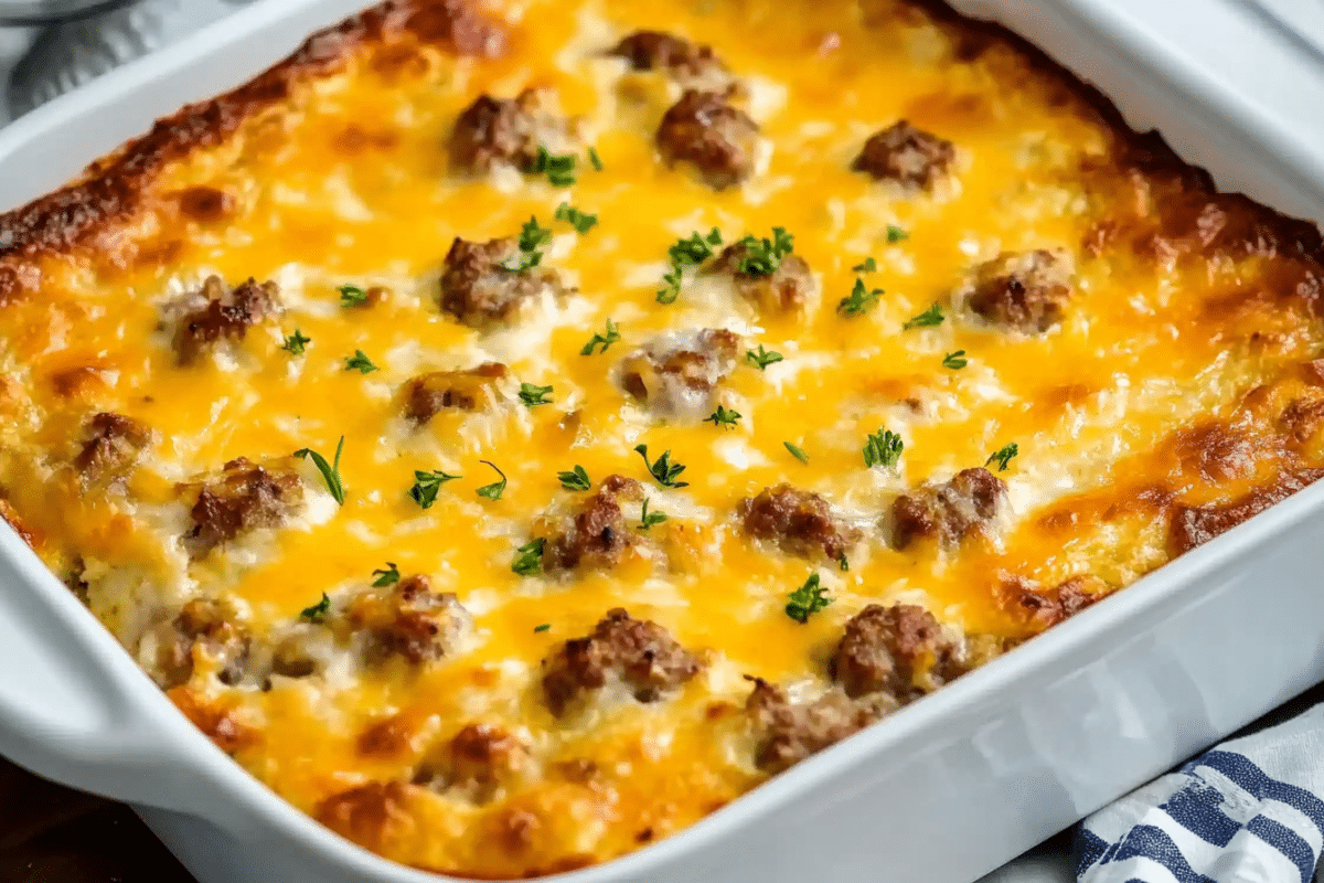Sausage and cheese breakfast casserole served in a baking dish