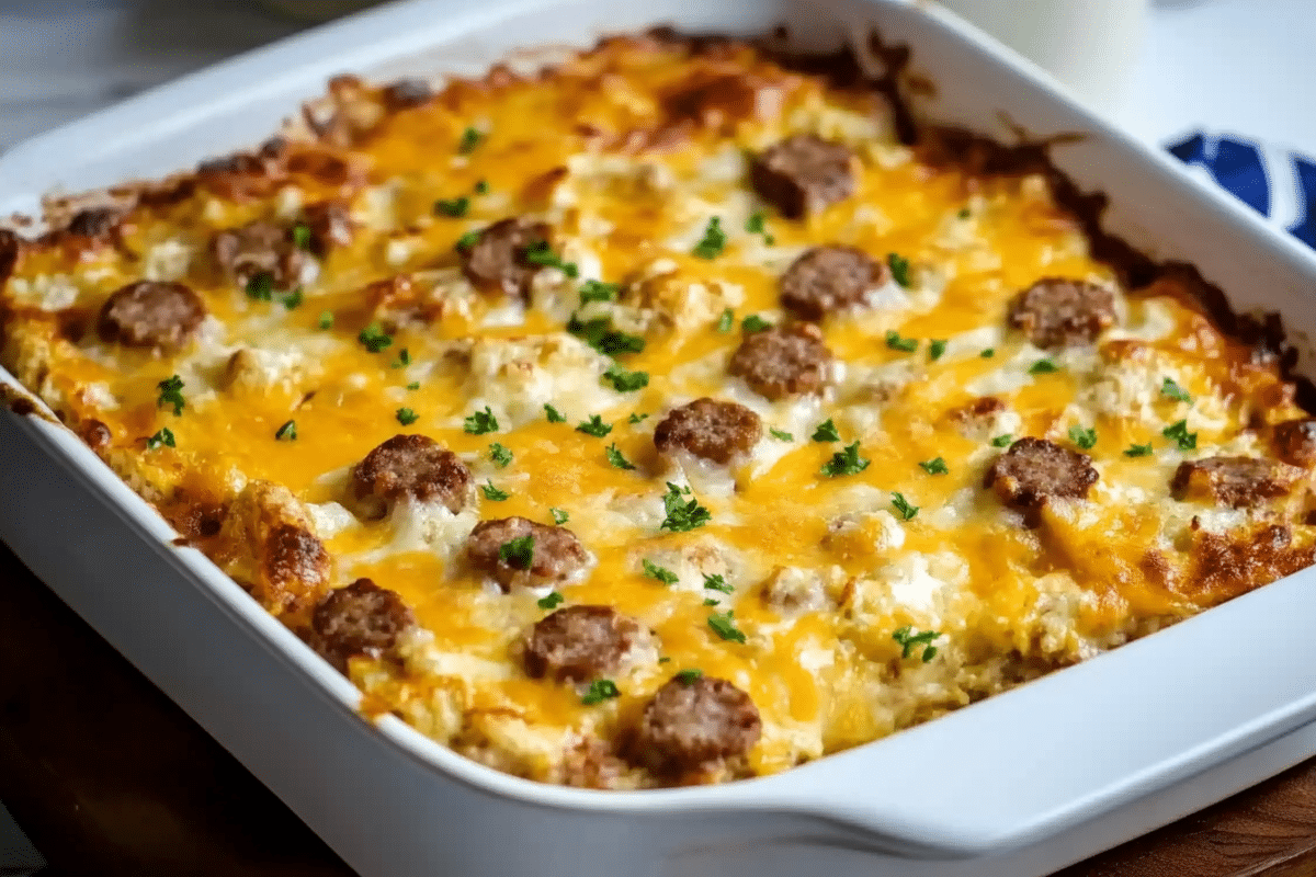 Sausage and cheese breakfast casserole served in a baking dish