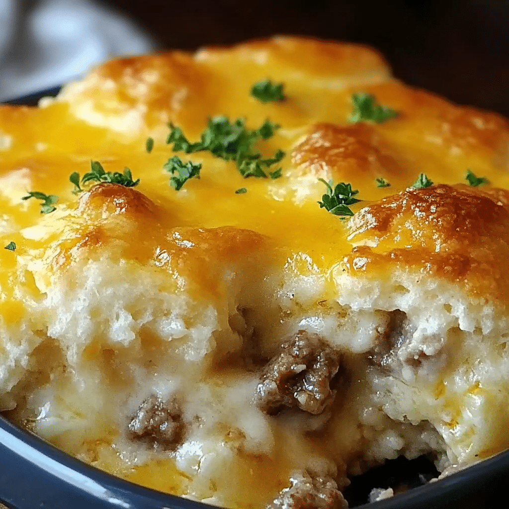 A delicious Cheesy Sausage Biscuit Casserole baked with sausage and biscuits