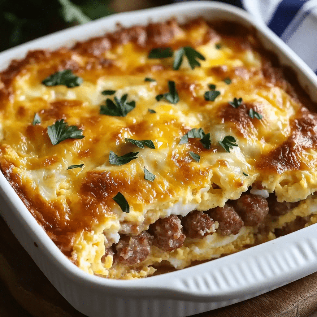 Delicious Sausage and Egg Casserole baked to perfection