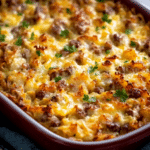 Sausage Hash Brown Breakfast Casserole with eggs and cheese