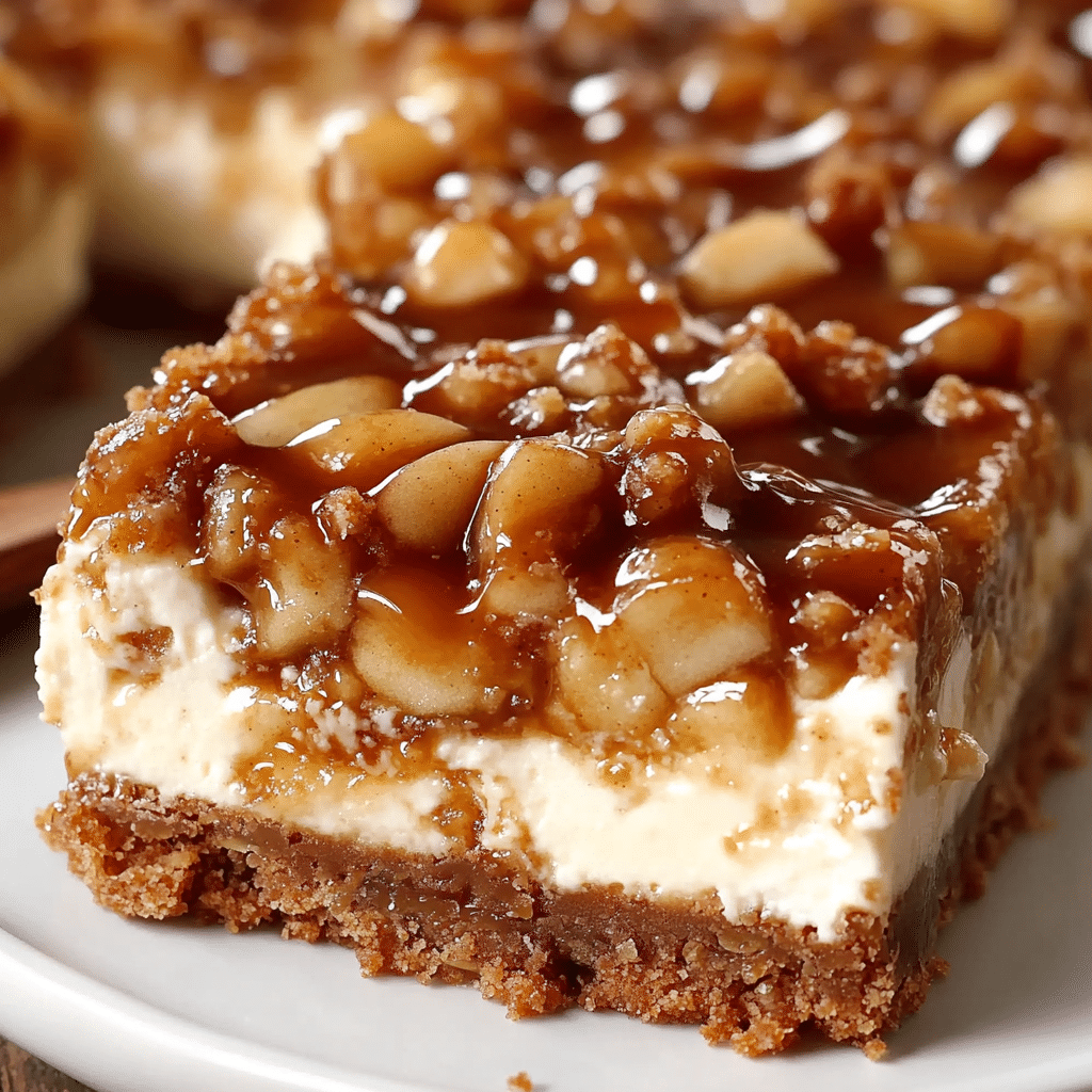 Caramel Apple Cheesecake Bars 4 Caramel apple cheesecake bars with a rich caramel drizzle on top