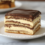 No-Bake Chocolate Eclair Cake topped with chocolate and whipped cream