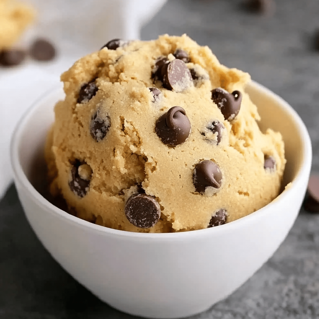 Bowl of edible chocolate chip cookie dough with chocolate chips