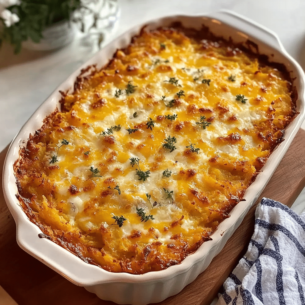 Delicious breakfast hashbrown casserole topped with melted cheese and fresh herbs