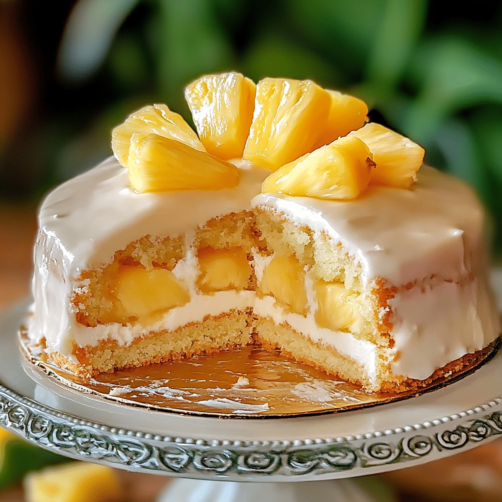 Juicy Pineapple Heaven Cake topped with fresh pineapple slices and whipped cream