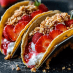 Strawberry Crunch Cheesecake Tacos showcasing vibrant strawberries and creamy filling