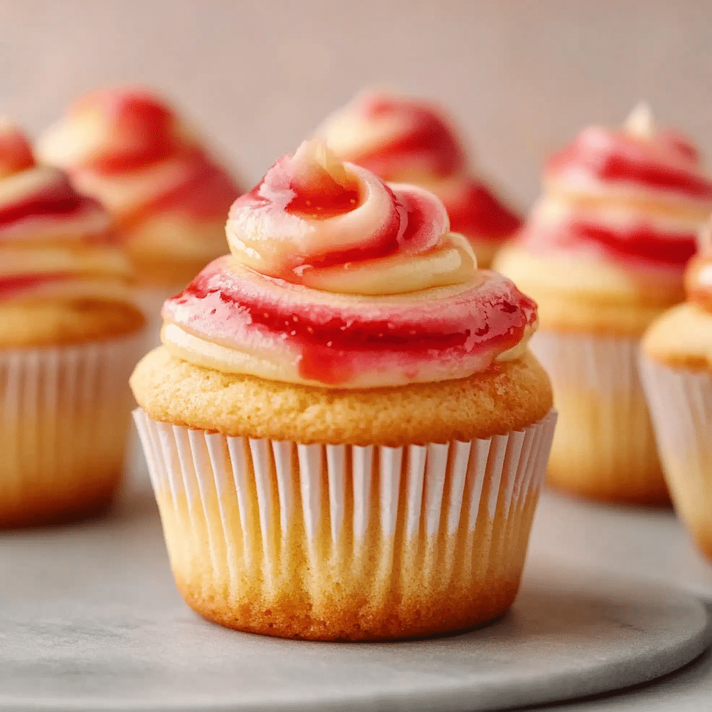 Mango Strawberry Sunset Cupcakes: A Delightful Recipe! 4 Mango Strawberry Cupcakes with a vibrant summer sunset theme.