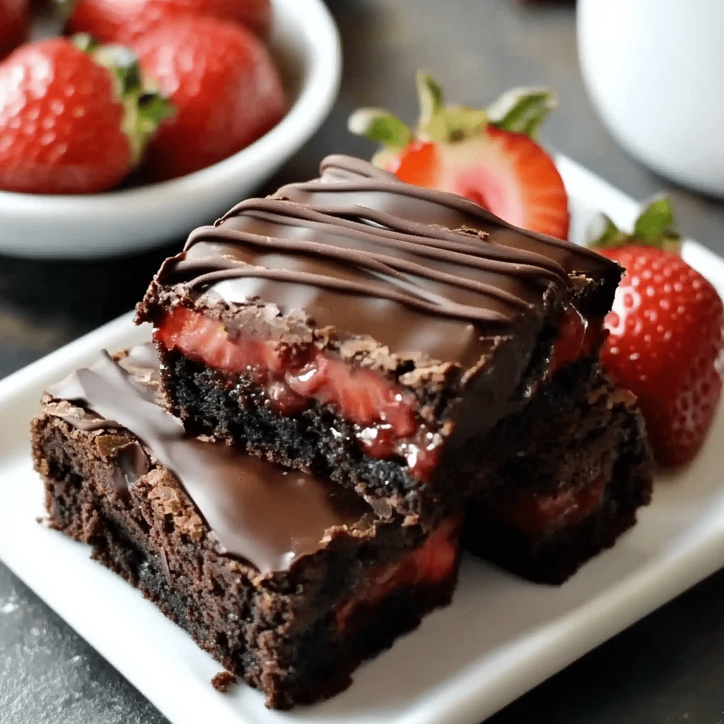 Delicious Chocolate Covered Strawberry Brownies topped with fresh strawberries